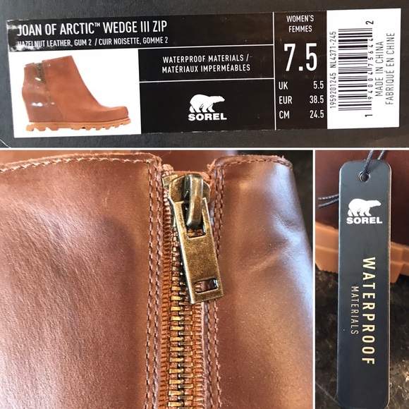 New Sorel Joan of Arctic Wedge III Zip Bootie, Brown Waterproof Leather Boots - Picture 8 of 16